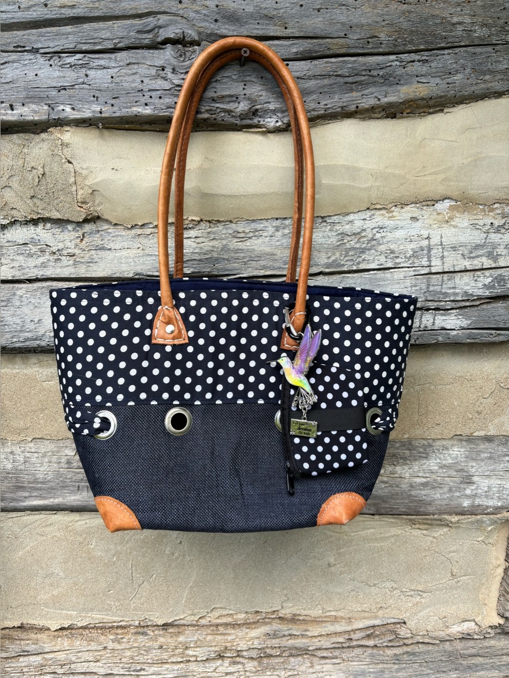 Polka Dot Navy Tote with Brown Handles - Stylish Women’s Summer/Beach Bag
